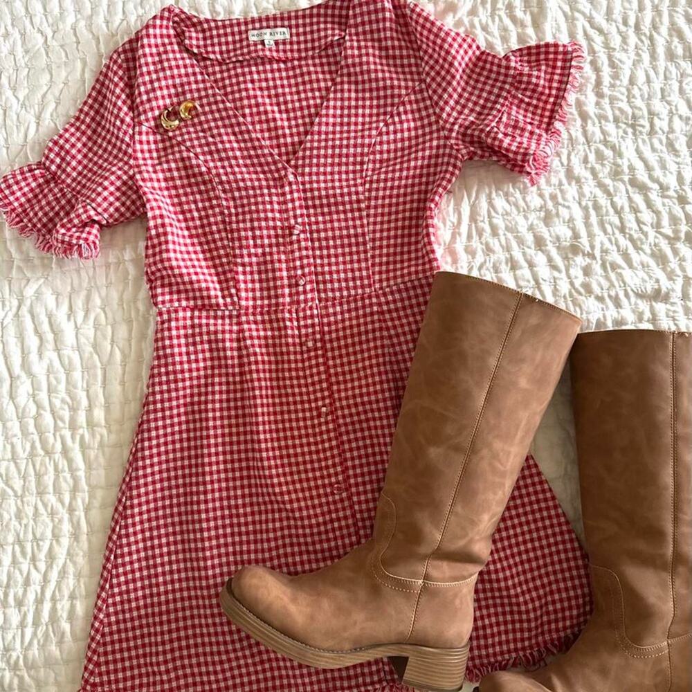 Moon river red gingham mini dress size small frayed hem cottagecore